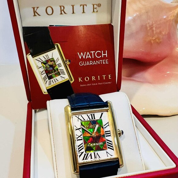 Korite Ammolite Watch- Roman Mosaic Rectangle Watch-Leather Strap - Picture 1 of 4